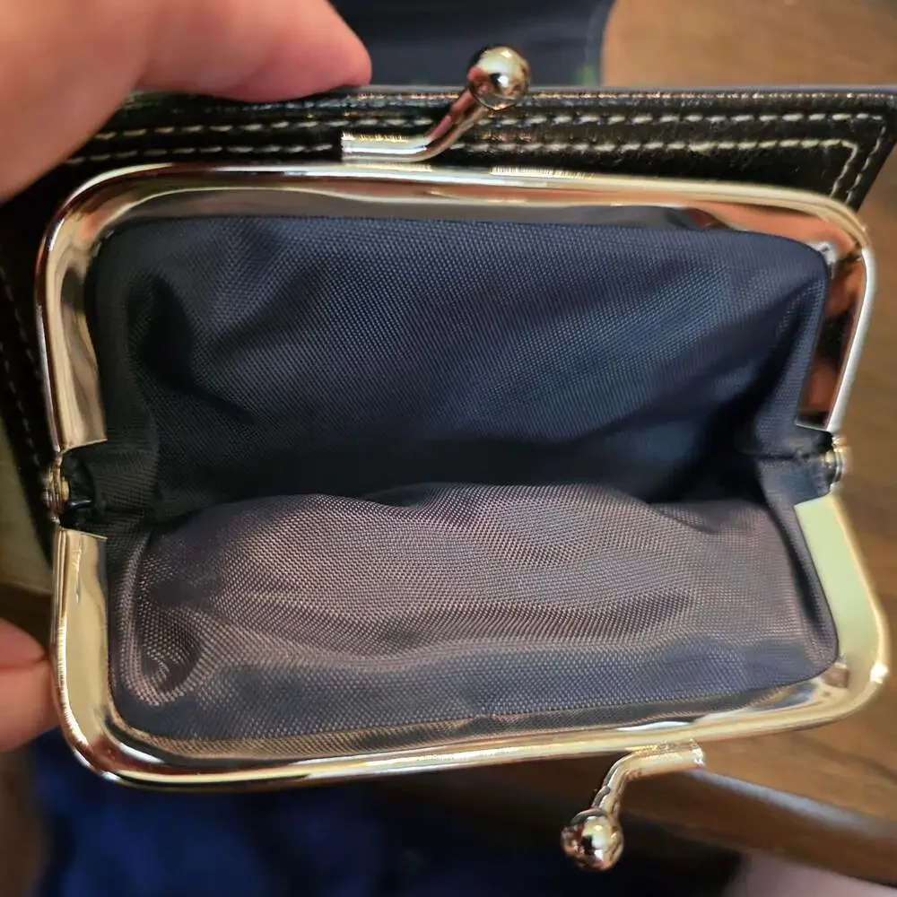 Buxton Go Go Black Leather Mini Trifold Wallet with Contrast Stitching